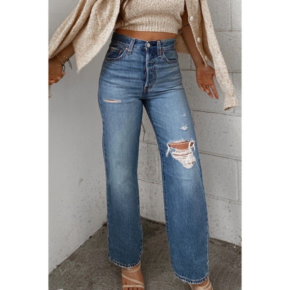 Levis Premium Womens Ribcage Straight Ankle Denim Jeans Blue Distressed Hi Waist - Picture 5 of 8